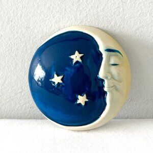 Vintage CLAY ART Co Celestial Moon and Stars Magnet Ceramic Pottery Round 1991